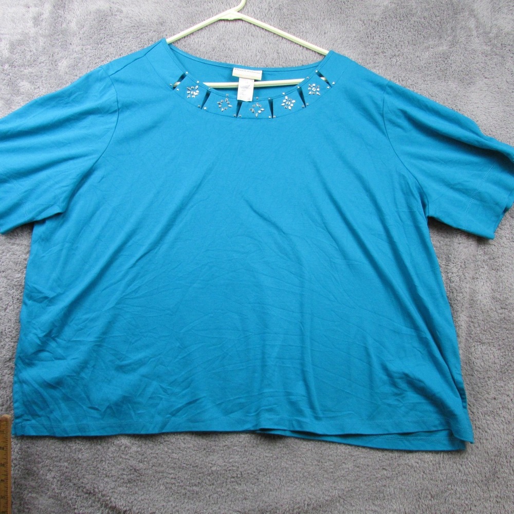 Woman Within Shirt Womens Plus 2X Blue Rhinestone Scoop Neck‎ Short Sleeve Top
